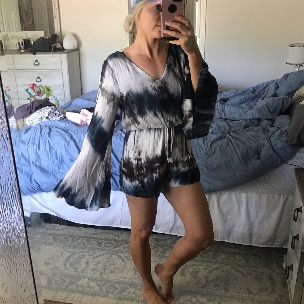 Pink lily black gray tie dye romper